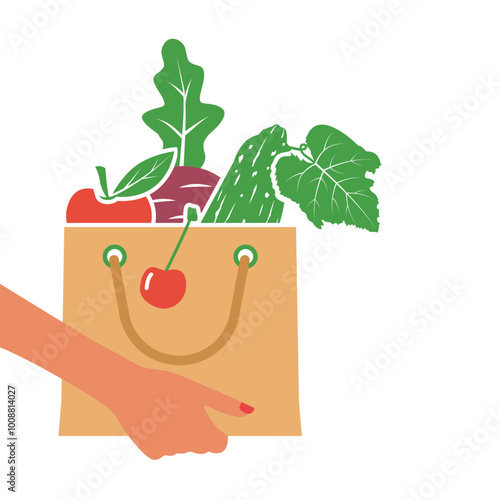 Hand holding healthy food bag. Shopping food. Paper bag with food. Food delivery. Vector illustration flat design. Isolated on white background.