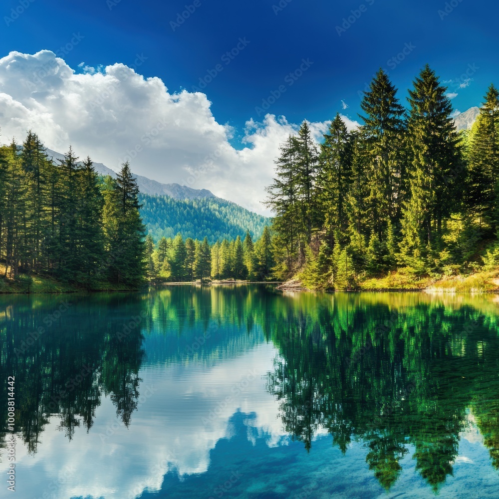 Serene Lake Reflecting Lush Forest and Clear Sky Serene Lake Reflecting Lush Forest and Clear Sky
