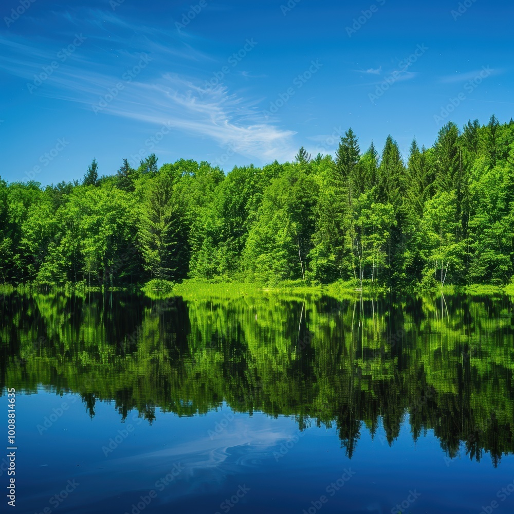 Crystal Clear Lake Reflecting Lush Forest Landscape Crystal Clear Lake Reflecting Lush Forest Landscape