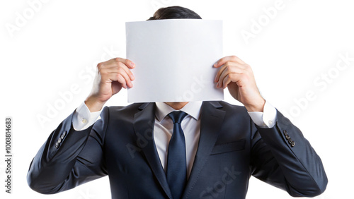 Businessman in suit holding blank paper for presentation photo