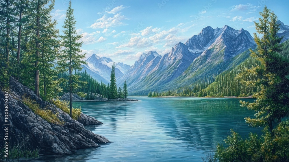 3D landscape oil painting with realistic textures, depicting mountains, trees, and water that seem to extend beyond the canvas. 3D landscape oil painting with realistic textures, depicting mountains, trees, and water that seem to extend beyond the canvas.