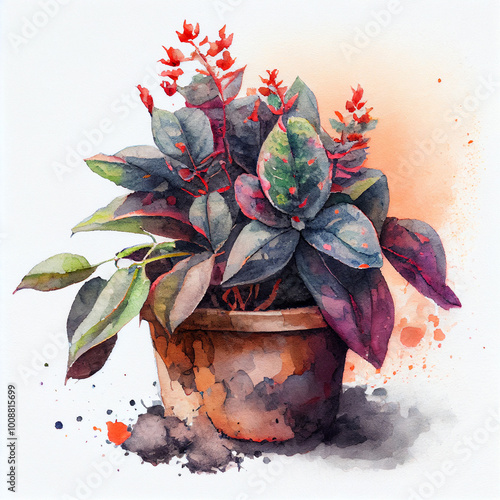 Detailed watercolor painting of a house plant with vibrant flowers in a pot. Perfect for nature and art lovers