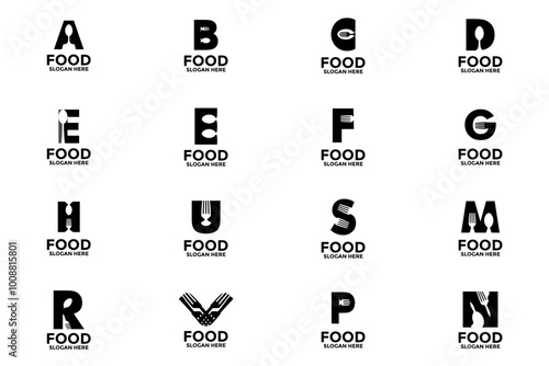 Big Collections of Initial letter Food logo design vector, Letter Initial logo icon set