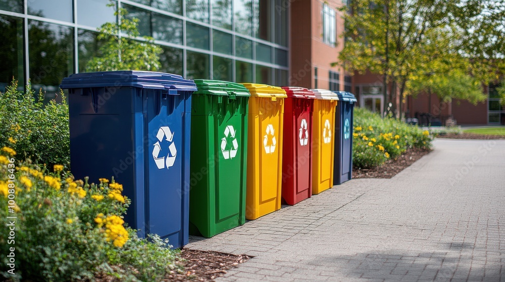 Obraz premium A row of yellow, green, blue, and red recycling bins with clear recycling symbols, placed in a school courtyard, highlighting waste management efforts.