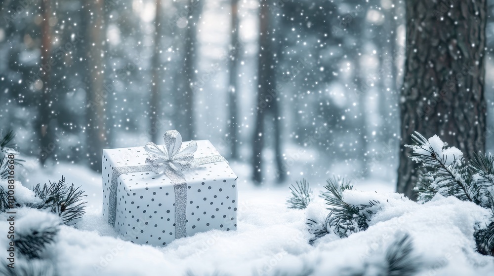 Snowy Winter Wonderland with Gift Box in the Forest Snowy Winter Wonderland with Gift Box in the Forest