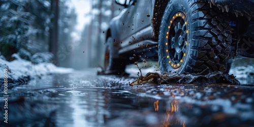 The car's large studded wheels were stuck in a mud puddle