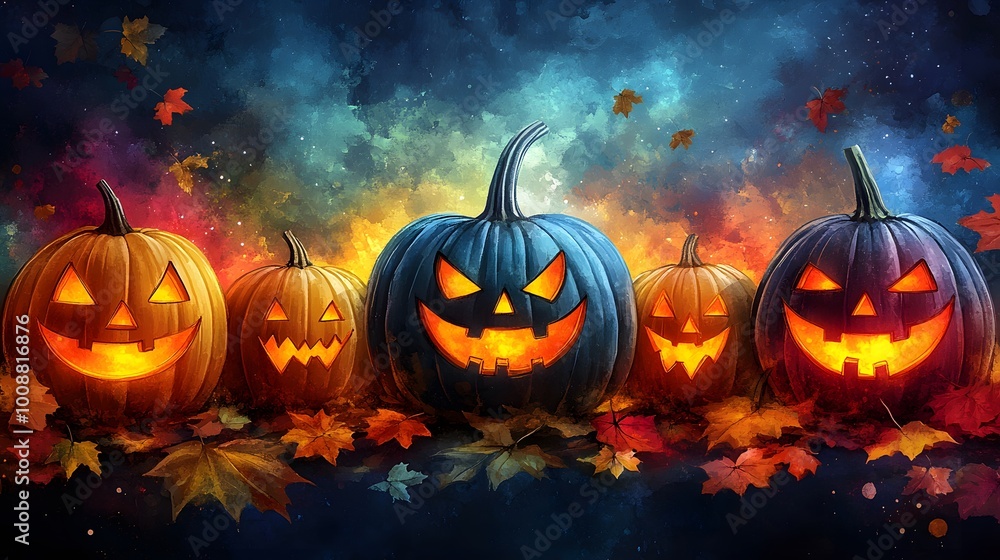 Playful pumpkins with carved faces, surrounded by bright fall leaves in a dreamy watercolor-inspired background Playful pumpkins with carved faces, surrounded by bright fall leaves in a dreamy watercolor-inspired background