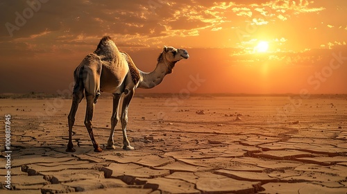 Solitary Camel s Resilience in Parched Desert Landscape Under Warm Blazing Sun photo