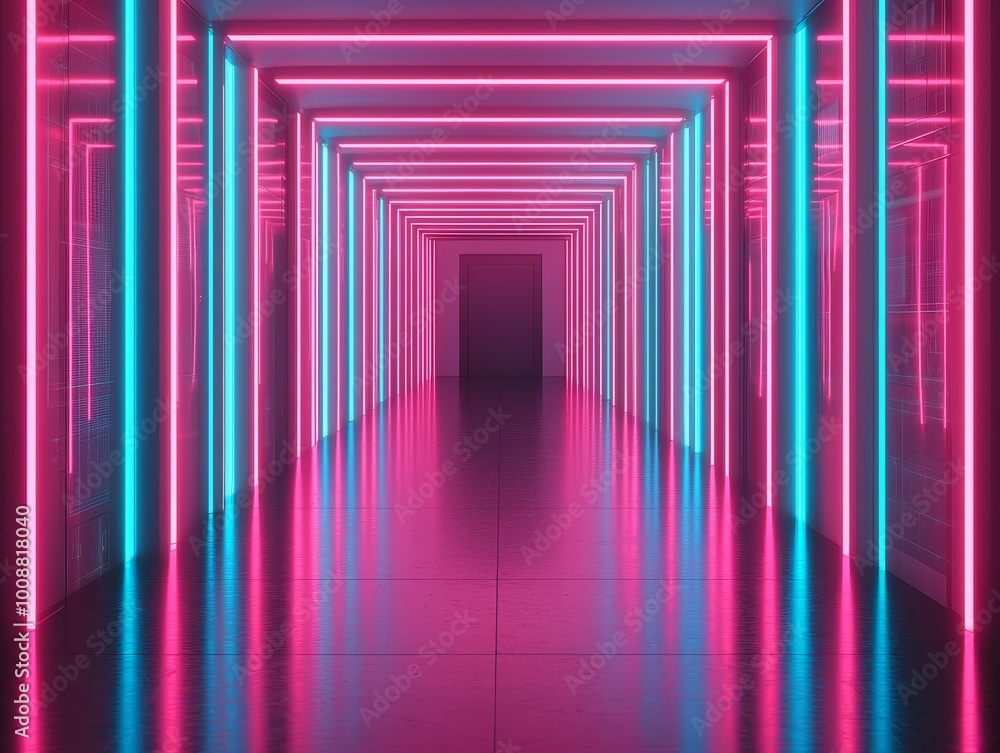 Futuristic tunnel with neon pink and blue lights, sleek reflective floor. Futuristic tunnel with neon pink and blue lights, sleek reflective floor.