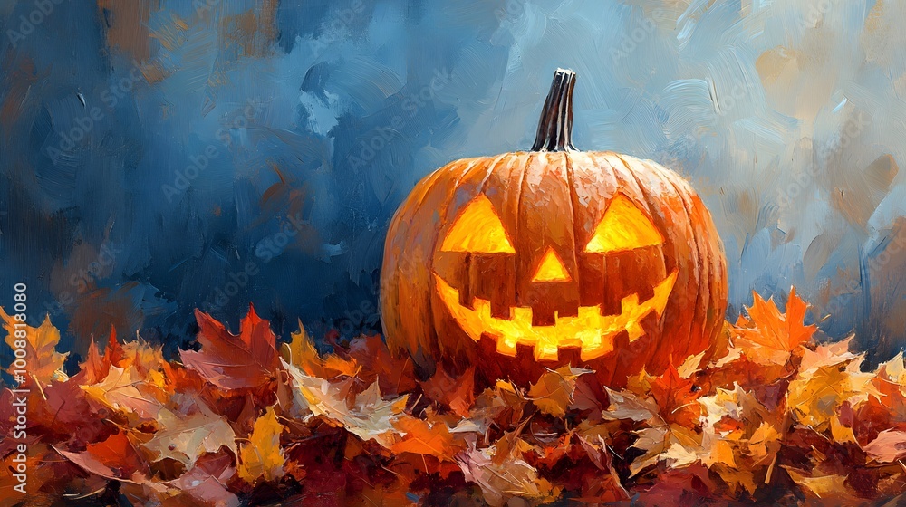 Carved jack-o-lantern glowing in a bed of fall leaves, with a whimsical watercolor-inspired backdrop Carved jack-o-lantern glowing in a bed of fall leaves, with a whimsical watercolor-inspired backdrop