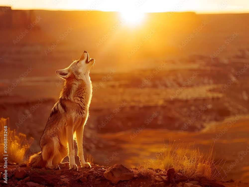 Coyote Howling at Sunset in Desolate Desert Canyon Embodies Wild Spirit of Nature Coyote Howling at Sunset in Desolate Desert Canyon Embodies Wild Spirit of Nature
