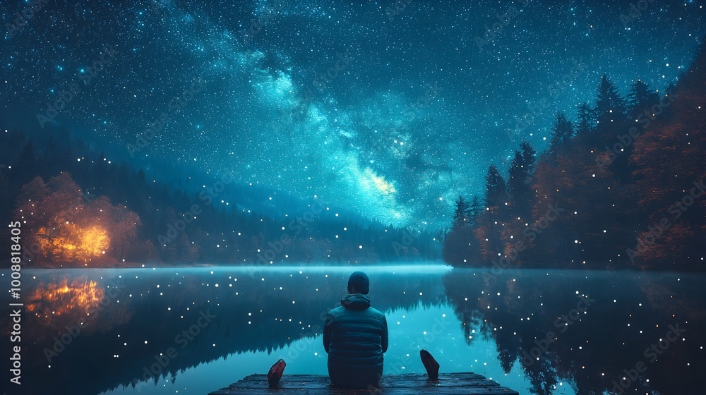 Tranquil starry night sky with stars reflected in the still calm waters of a peaceful lake landscape A picturesque and serene natural scene during the twilight hours Tranquil starry night sky with stars reflected in the still calm waters of a peaceful lake landscape A picturesque and serene natural scene during the twilight hours
