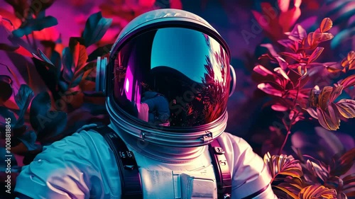 Astronaut exploring vibrant alien jungle