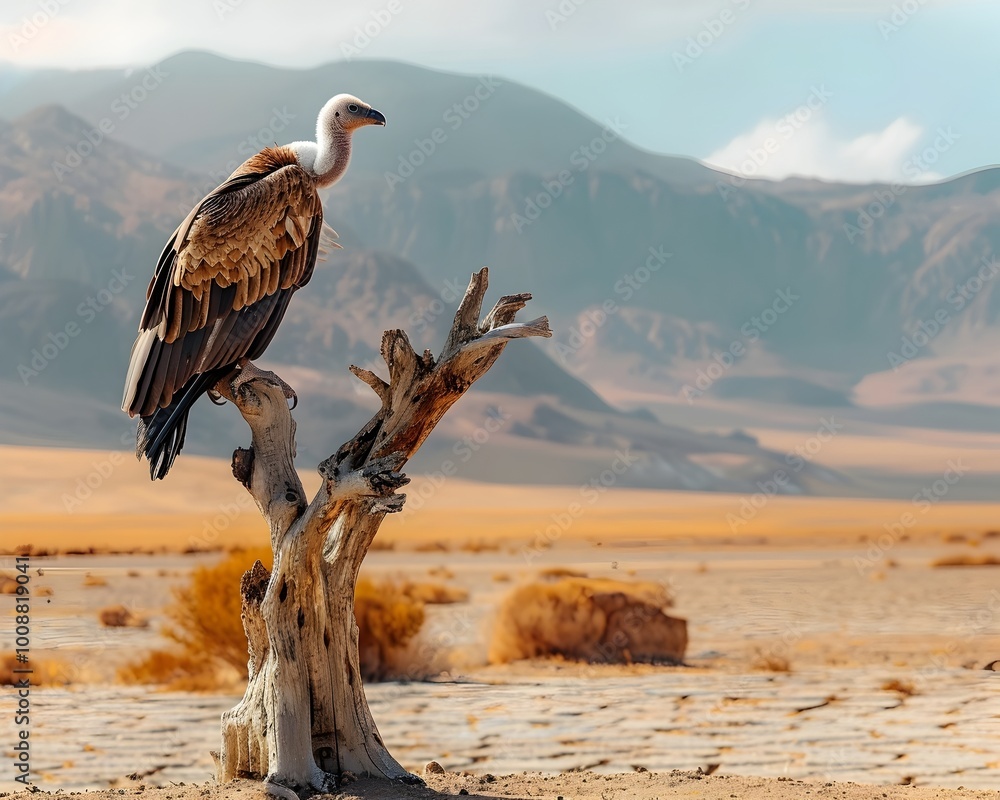 Naklejka premium Vulture Perched on Dead Tree Scanning Barren Landscape for Prey in Desert Concept