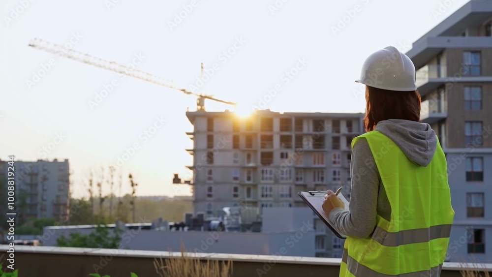 Construction female engineer taking notes and writing on clipboard while inspecting a building site at sunset. Industry development concept Construction female engineer taking notes and writing on clipboard while inspecting a building site at sunset. Industry development concept