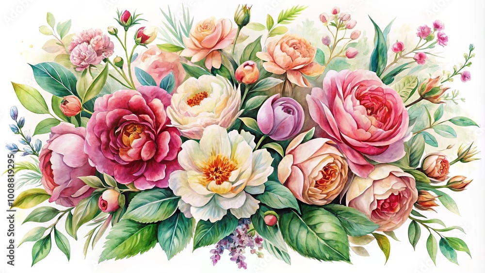 A Delicate Watercolor Composition of Varied Blossoms in Vibrant Hues and Lush Greenery A Delicate Watercolor Composition of Varied Blossoms in Vibrant Hues and Lush Greenery
