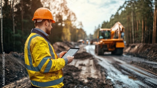 Civil engineering professional at a roadwork site, reviewing progress on a digital tablet, ensuring the project stays on track and within specifications