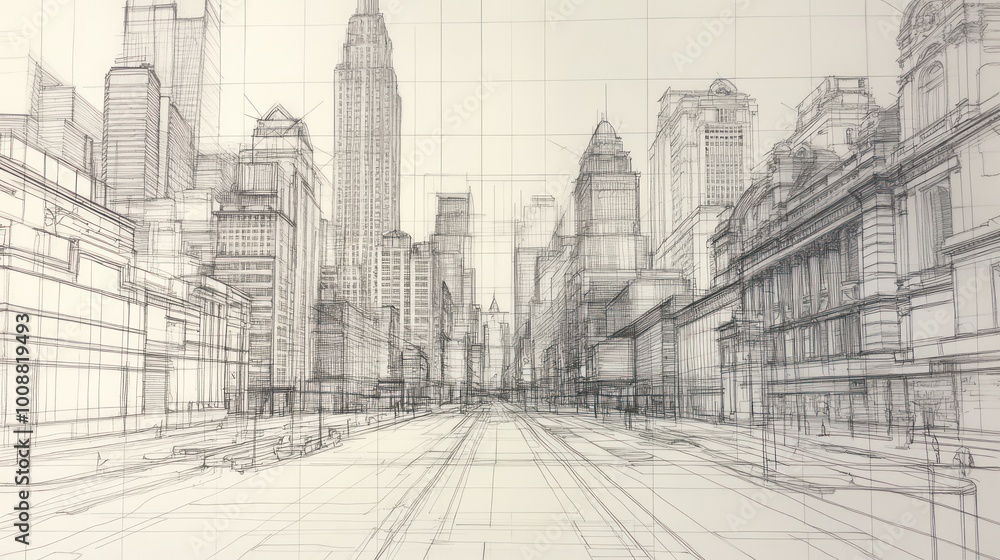 Detailed Ink Drawing of a City Street with Skyscrapers Detailed Ink Drawing of a City Street with Skyscrapers