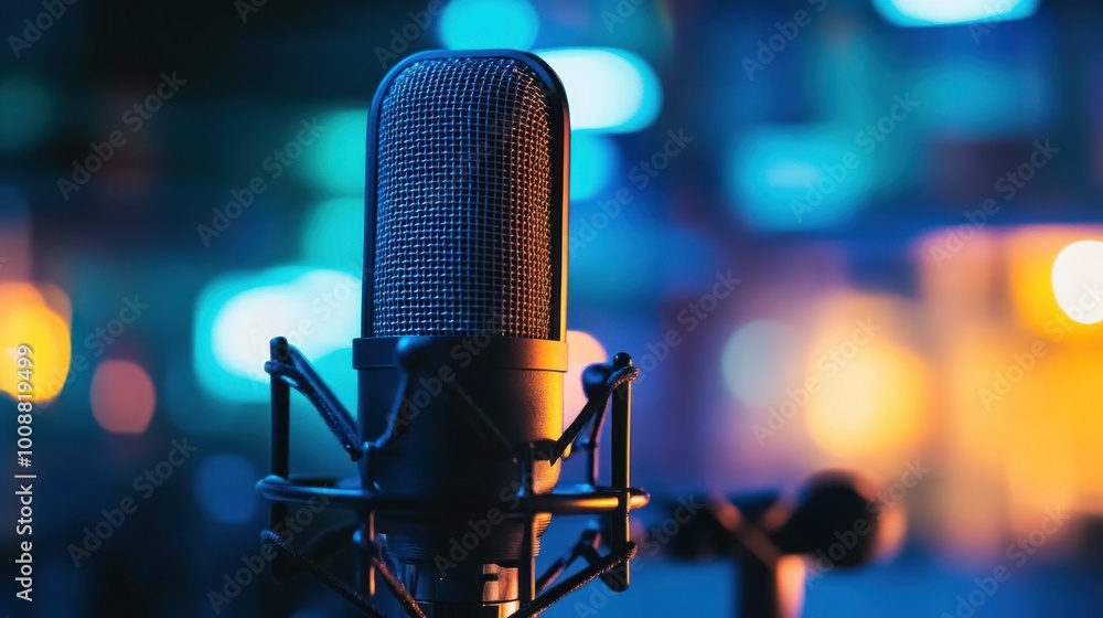 Close-up of a Professional Microphone with Bokeh Lights in the Background Close-up of a Professional Microphone with Bokeh Lights in the Background