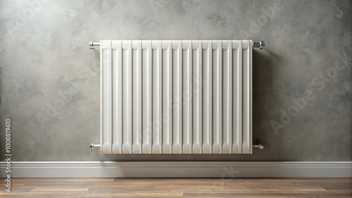 Wallpaper Mural A modern white radiator mounted on a textured wall, with a simple white baseboard and wood flooring beneath. Torontodigital.ca