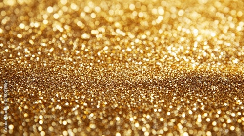 Abstract golden bokeh background with blurred sparkling lights.