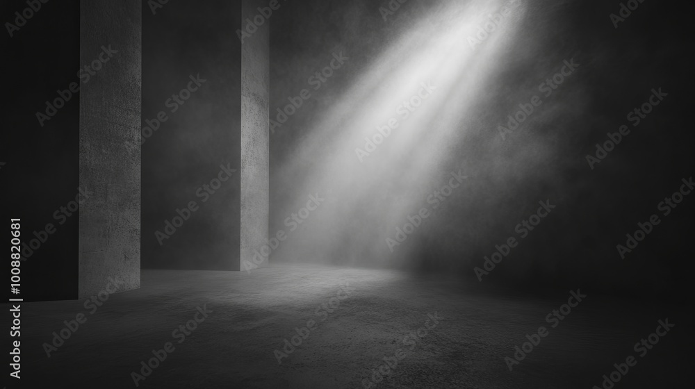 3D illustration of an empty room with a concrete floor illuminated by a spotlight Features mist or fog in the dark space ideal for creating atmospheric effects 3D illustration of an empty room with a concrete floor illuminated by a spotlight Features mist or fog in the dark space ideal for creating atmospheric effects