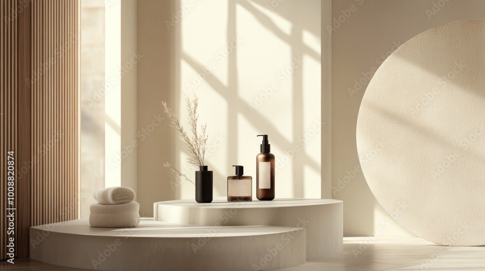 A modern product photo podium with geometric shapes, highlighting beauty products with a focus on minimalist design and sharp, clear visuals. A modern product photo podium with geometric shapes, highlighting beauty products with a focus on minimalist design and sharp, clear visuals.