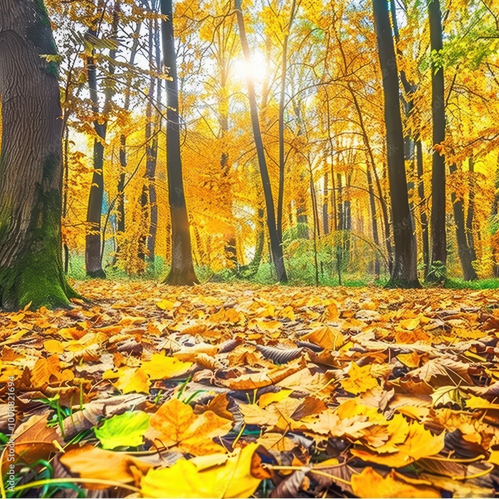 Obraz premium Vibrant Autumn Forest with Fallen Leaves