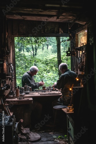 Two individuals working at a table in a rustic workshop surrounded by nature.