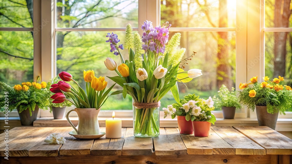 Fototapeta premium Sunlight streams through the window, casting a warm glow on the wooden table, where a colorful bouquet of flowers rests, creating a scene of peaceful tranquility.