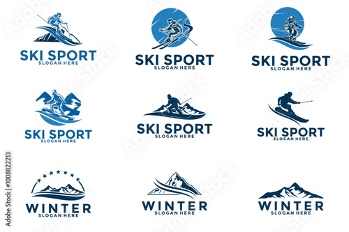 Set skiing stylized and mountain logo vector symbol, Ski logo icon template collections