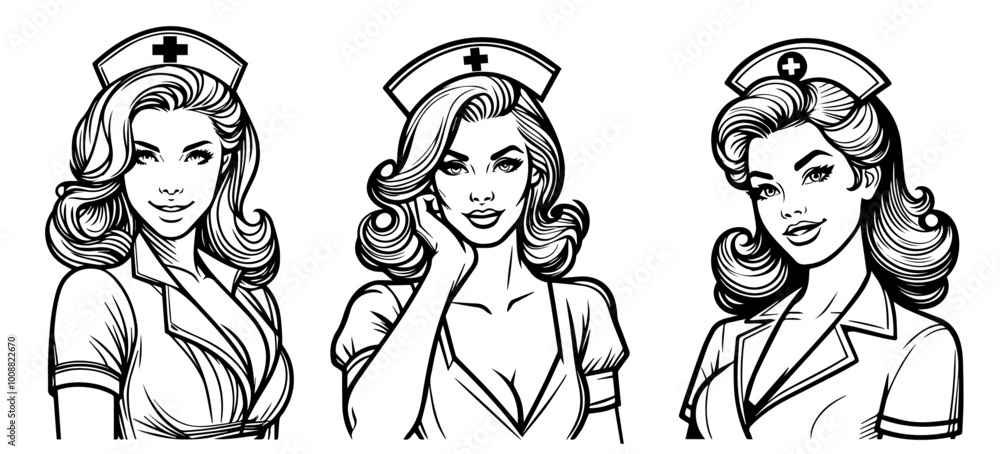 retro pin-up nurses in classic medical attire, hand-drawn black vector illustration retro pin-up nurses in classic medical attire, hand-drawn black vector illustration