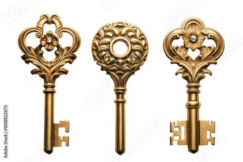 Antique Golden Keys Trio on Transparent Background - Cut Out