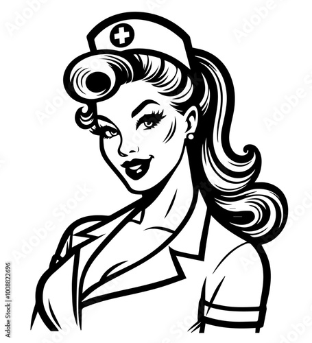 vintage-inspired pin-up nurse portrait, detailed black and white vector illustration