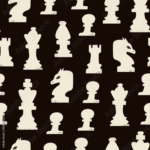 Chess figures set. Trendy board game, strategy concept. White silhouettes. King, queen, bishop, pawn, horse, knight, rook. Hand drawn modern Vector illustration. Square seamless Pattern