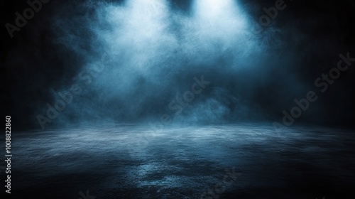 A dark room with a concrete floor and a single spotlight shining through smoky surroundings creating a mysterious atmosphere