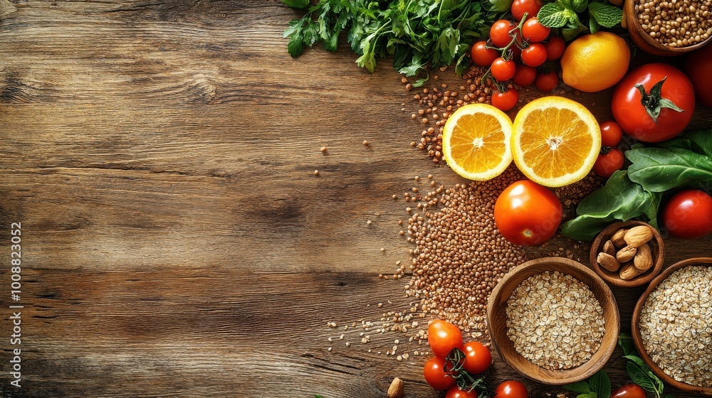 Healthy background showcasing a mix of whole grains, fresh fruits, and vegetables on a rustic wooden table, highlighting nutritious food choices. Healthy background showcasing a mix of whole grains, fresh fruits, and vegetables on a rustic wooden table, highlighting nutritious food choices.