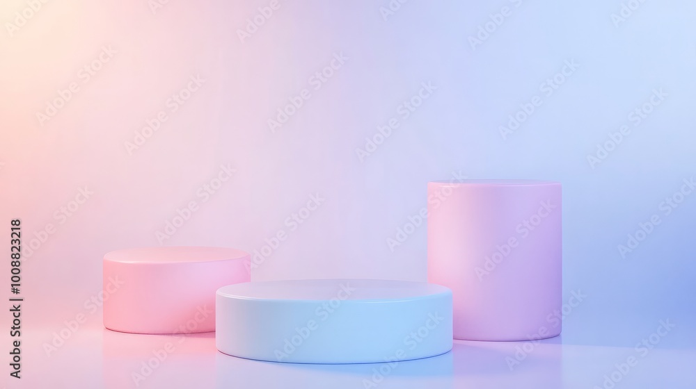 Abstract 3D room with a pastel cylinder pedestal and a white podium set Features a misty background and minimal scene perfect for product displays or stage presentations Abstract 3D room with a pastel cylinder pedestal and a white podium set Features a misty background and minimal scene perfect for product displays or stage presentations
