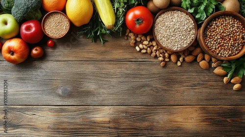 Healthy background showcasing a mix of whole grains, fresh fruits, and vegetables on a rustic wooden table, highlighting nutritious food choices. photo