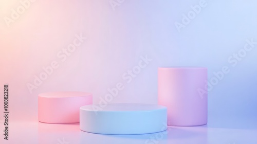 Abstract 3D room with a pastel cylinder pedestal and a white podium set Features a misty background and minimal scene perfect for product displays or stage presentations