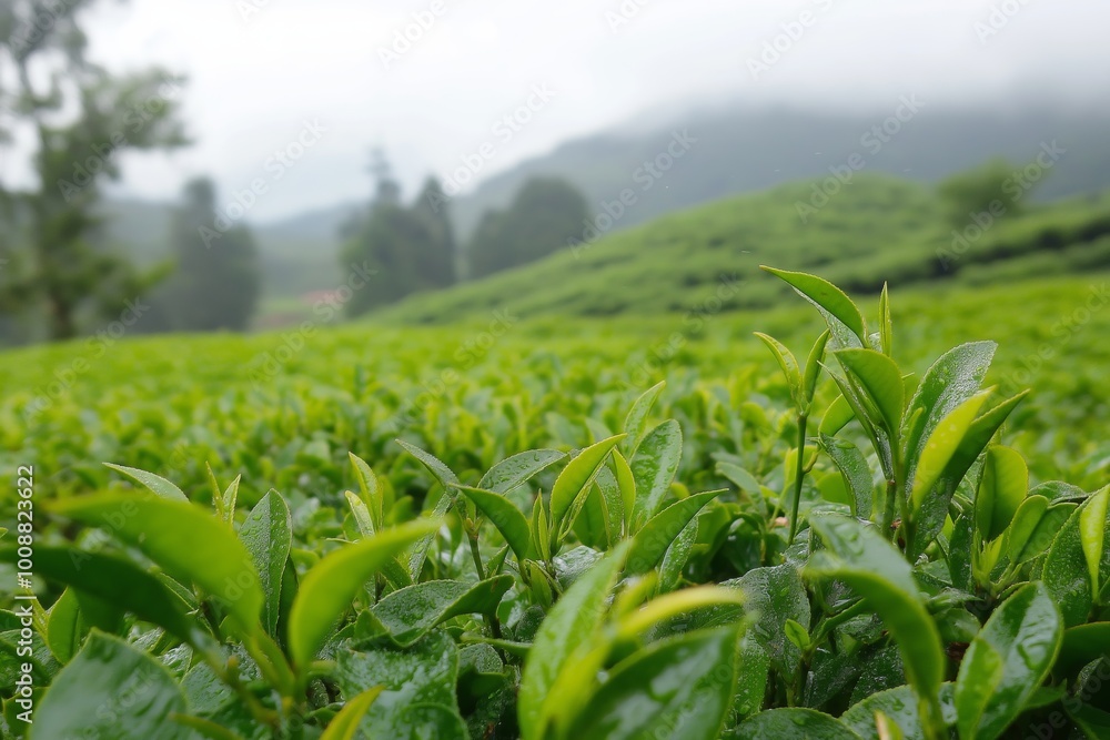 Fototapeta premium A lush green field with a few trees in the background. The field is wet and the leaves are glistening