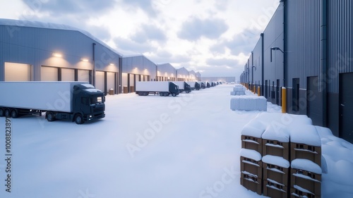 Wallpaper Mural Winter evening at a logistics hub, with fresh snow on the ground, trucks parked, and the buildings lights shining brightly in the cold air, 3D illustration Torontodigital.ca