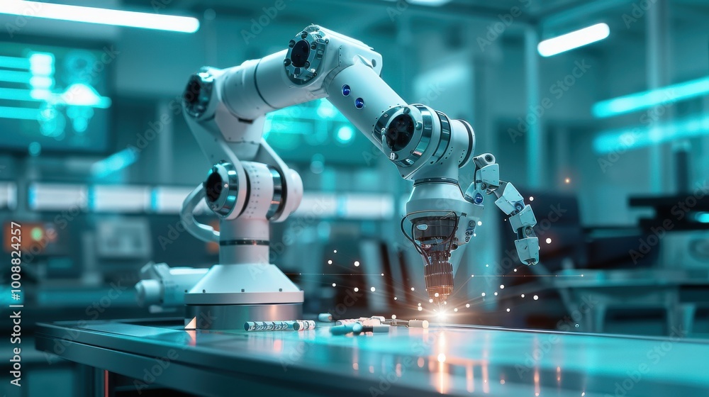 High-tech robot arm conducting intricate laser surgery, surrounded by glowing holograms in a state-of-the-art medical facility. High-tech robot arm conducting intricate laser surgery, surrounded by glowing holograms in a state-of-the-art medical facility.