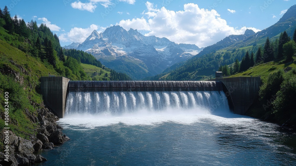 Hydroelectric dam in a mountainous region, generating renewable energy, with water cascading powerfully, representing the force of clean energy. Hydroelectric dam in a mountainous region, generating renewable energy, with water cascading powerfully, representing the force of clean energy.