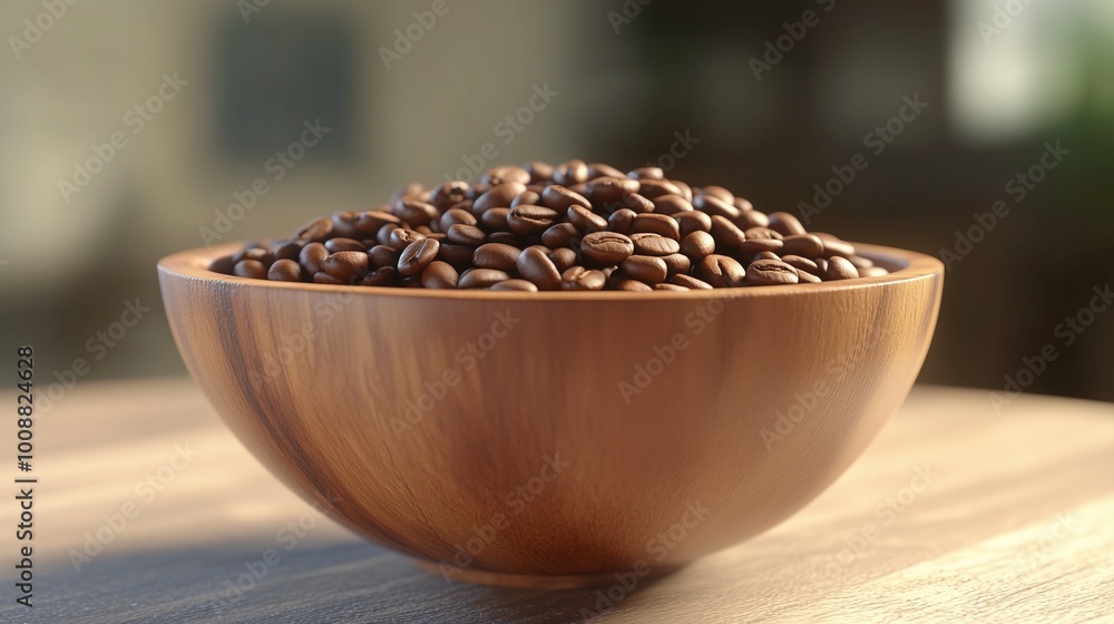 Coffee bean on wooden bowl in kitchen table with blurred background Coffee bean on wooden bowl in kitchen table with blurred background