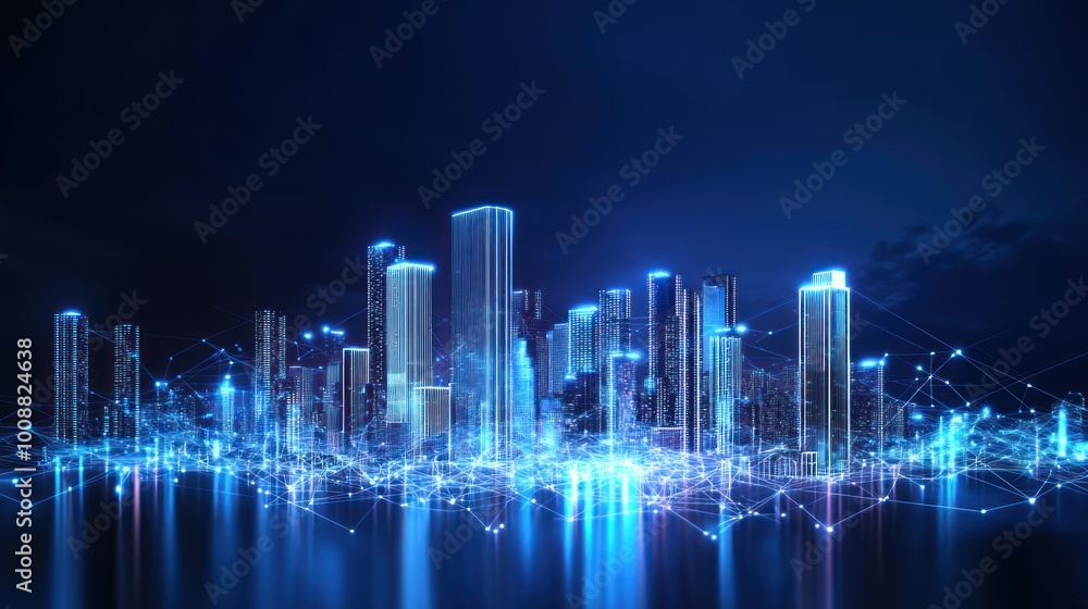 Obraz premium Futurist urban skyline, holographic architectural schematic, symbolizing digital twin technology