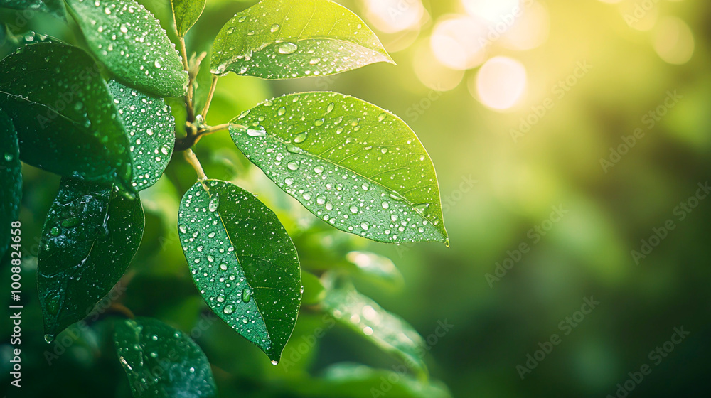 Fresh Green Leaves with Water Drops in Natural Light Fresh Green Leaves with Water Drops in Natural Light