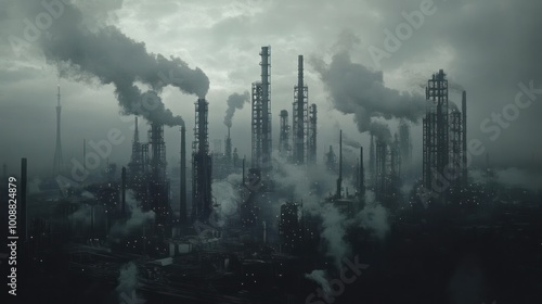 Industrial Cityscape shrouded in smoke and fog