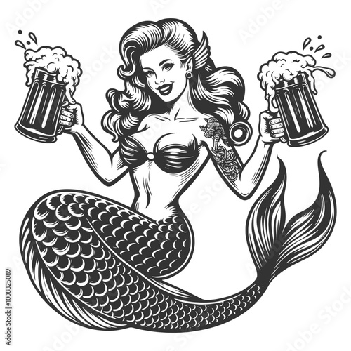 mermaid with two large beer mugs sketch engraving generative ai fictional character vector illustration. Scratch board imitation. Black and white image.