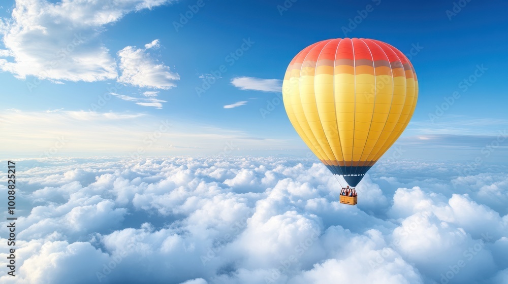 Fototapeta premium Colorful hot air balloons soar above the clouds, offering a bird's-eye view of fluffy white clouds against a deep blue sky.